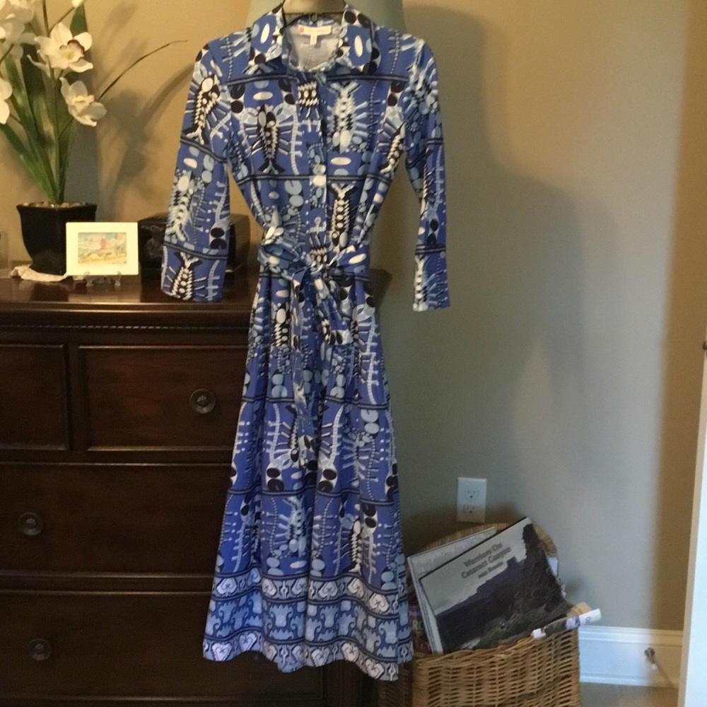 Jude Connally NWT Blue and White Long Sleeve Shirt Dress with Tie Waist